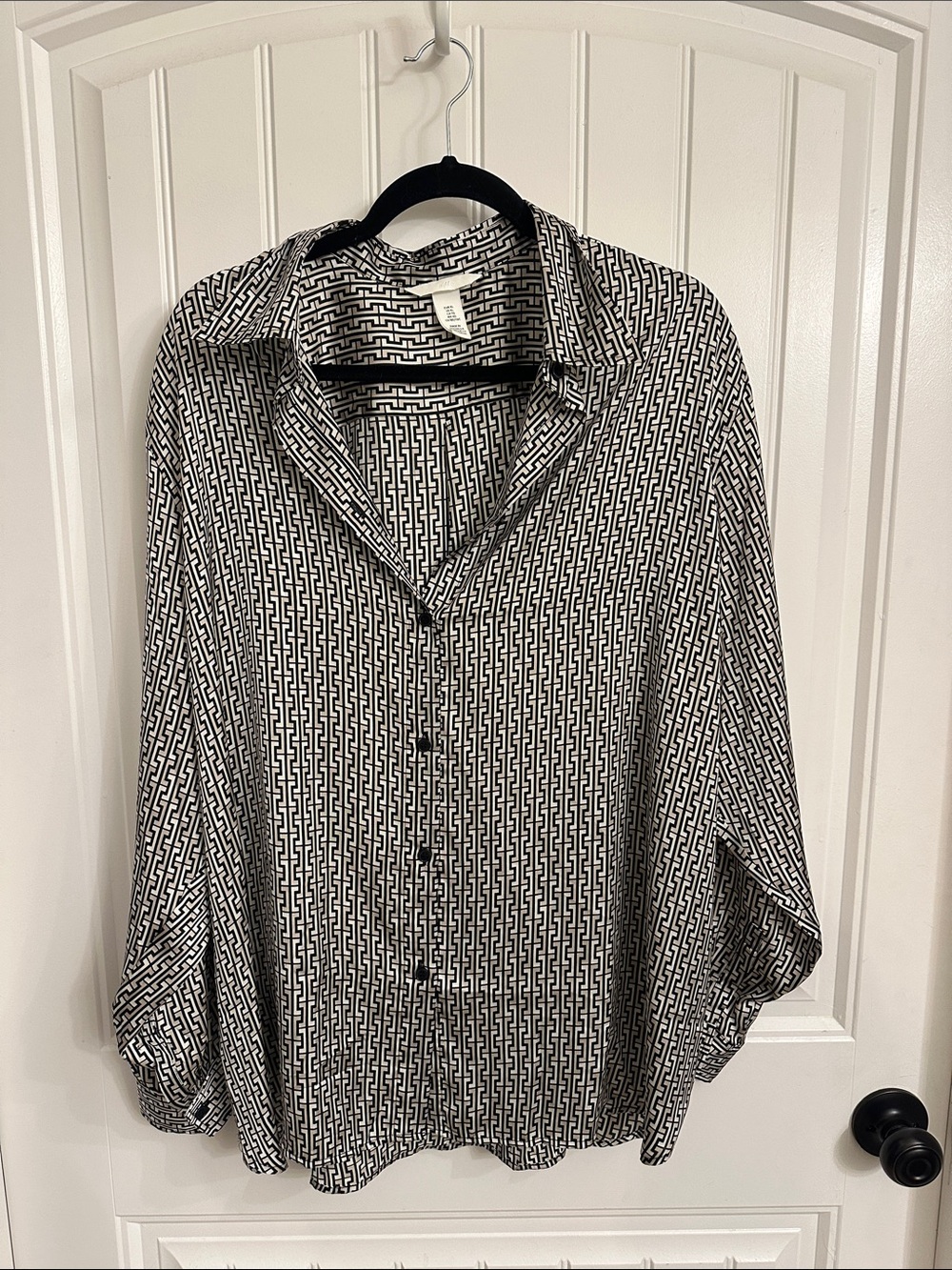 Tan, Black & White Geometric Button-Up Shirt
